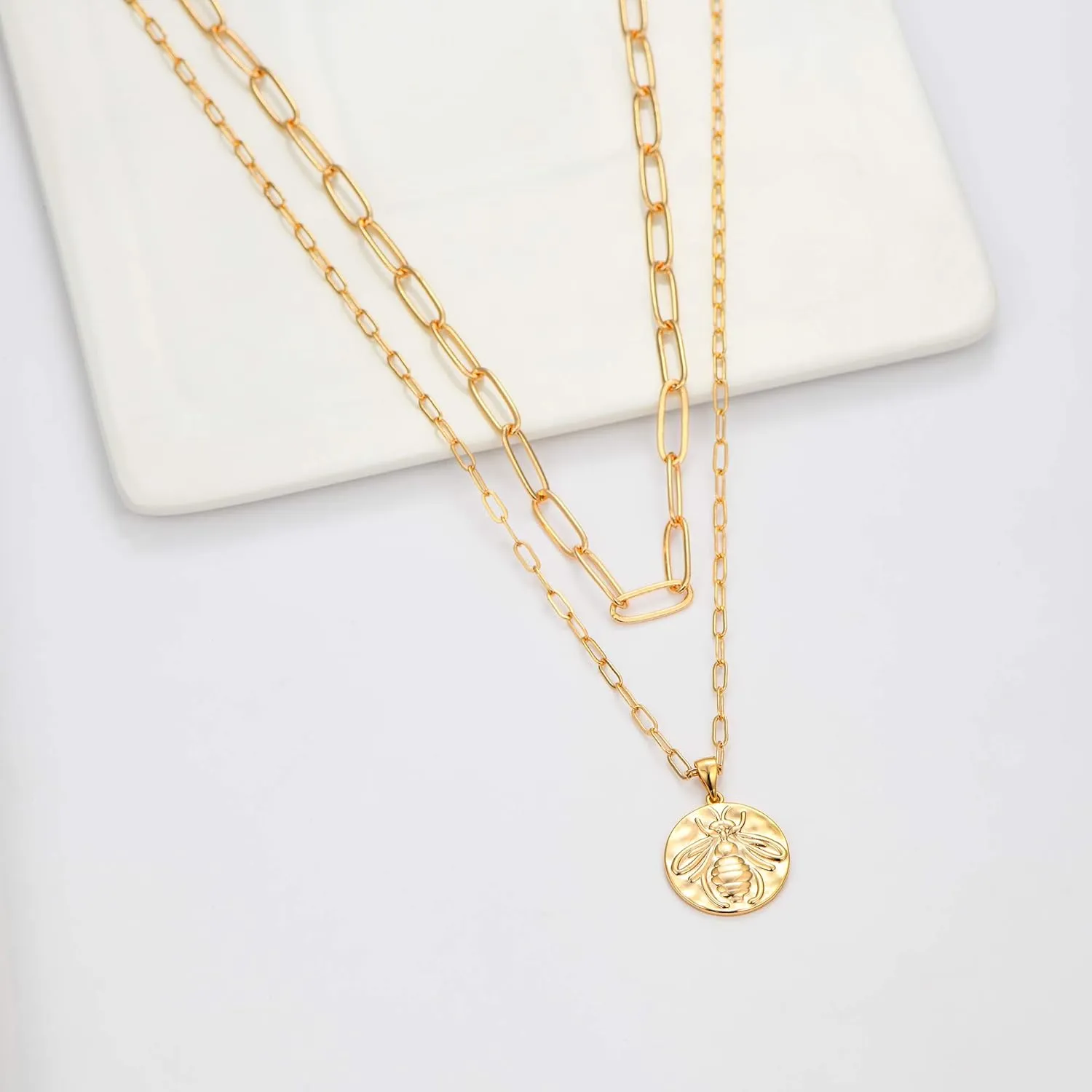Hidepoo Gold Layered Necklaces for Women, 14K Gold Plated Dainty Coin Pendant Choker Necklace Herringbone Snake Necklace Paperclip Chain Layered Necklaces for Women Jewelry Gifts