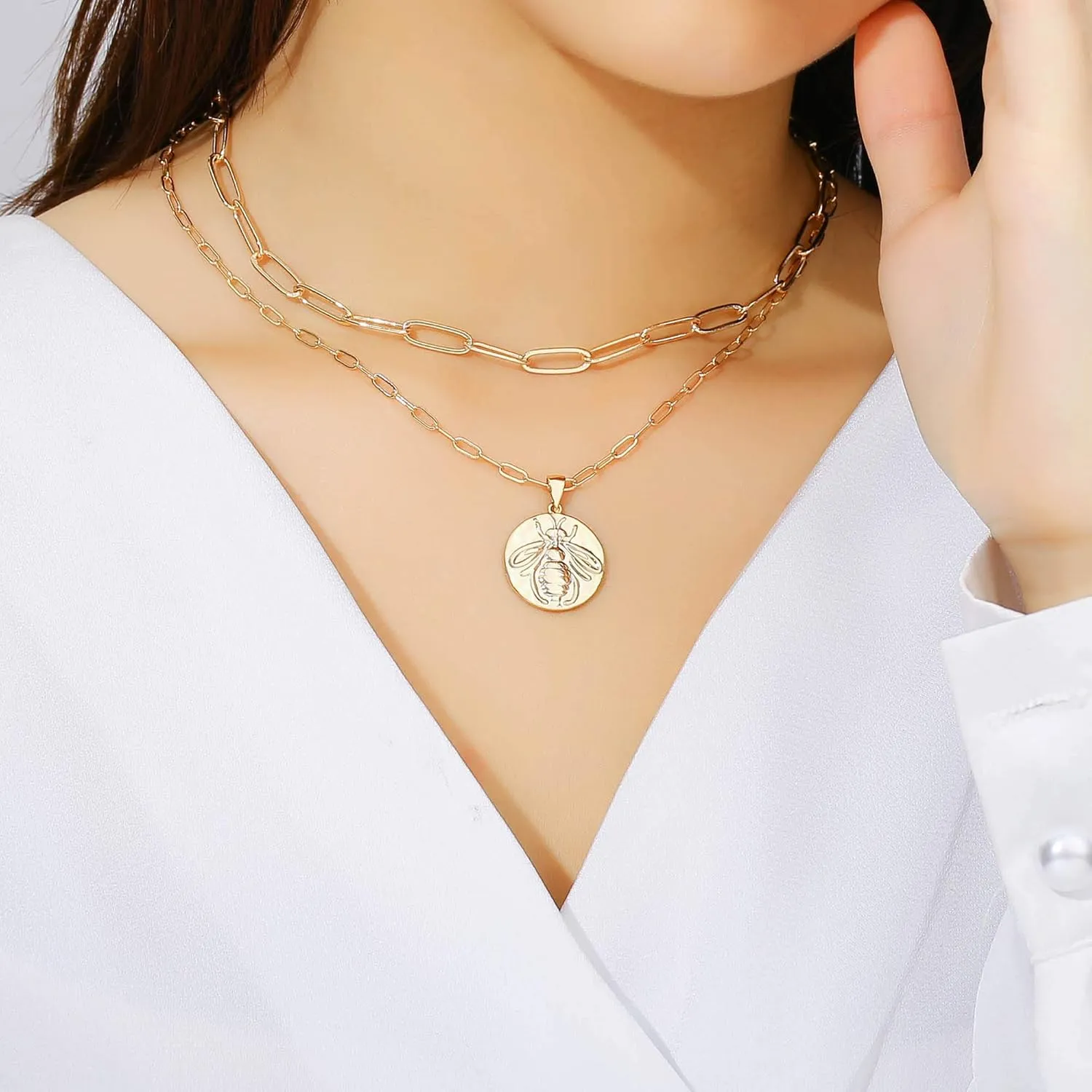 Hidepoo Gold Layered Necklaces for Women, 14K Gold Plated Dainty Coin Pendant Choker Necklace Herringbone Snake Necklace Paperclip Chain Layered Necklaces for Women Jewelry Gifts