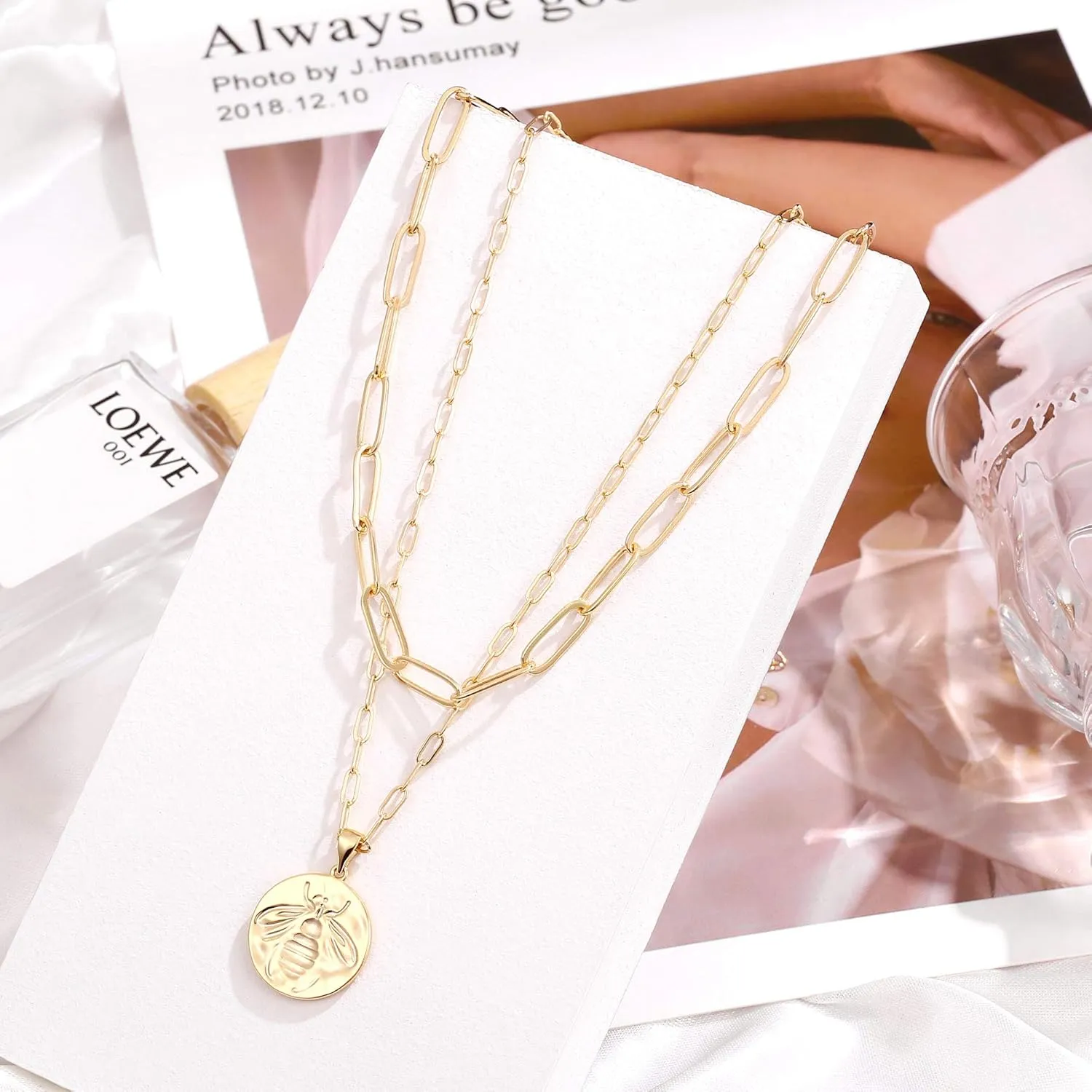 Hidepoo Gold Layered Necklaces for Women, 14K Gold Plated Dainty Coin Pendant Choker Necklace Herringbone Snake Necklace Paperclip Chain Layered Necklaces for Women Jewelry Gifts