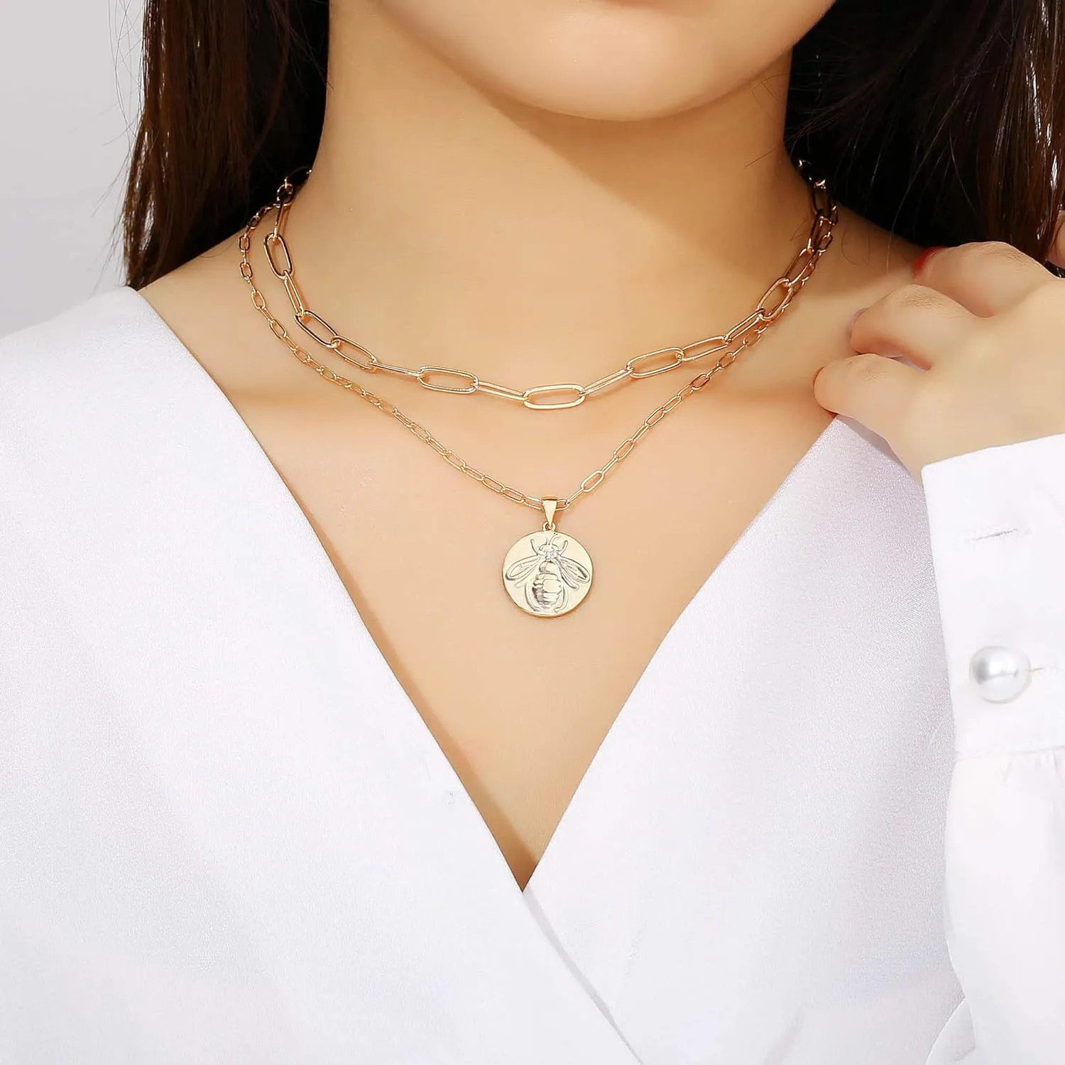 Hidepoo Gold Layered Necklaces for Women, 14K Gold Plated Dainty Coin Pendant Choker Necklace Herringbone Snake Necklace Paperclip Chain Layered Necklaces for Women Jewelry Gifts