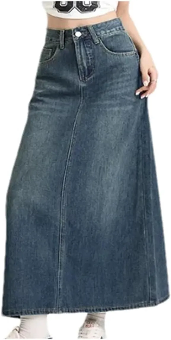High-Waisted Vintage Denim Skirt Women's Pocket Side Slit Long Dress Slimming Leg-Lengthening