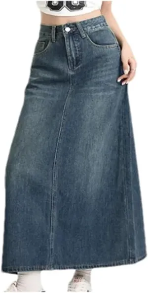 High-Waisted Vintage Denim Skirt Women's Pocket Side Slit Long Dress Slimming Leg-Lengthening