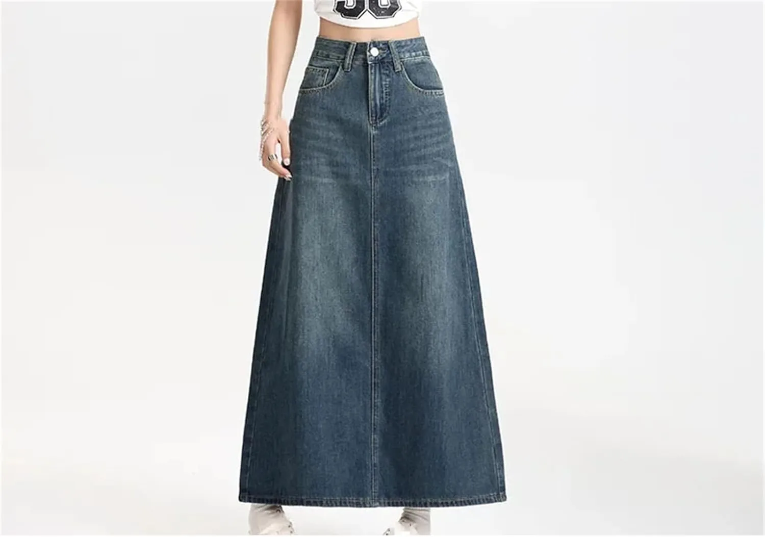 High-Waisted Vintage Denim Skirt Women's Pocket Side Slit Long Dress Slimming Leg-Lengthening