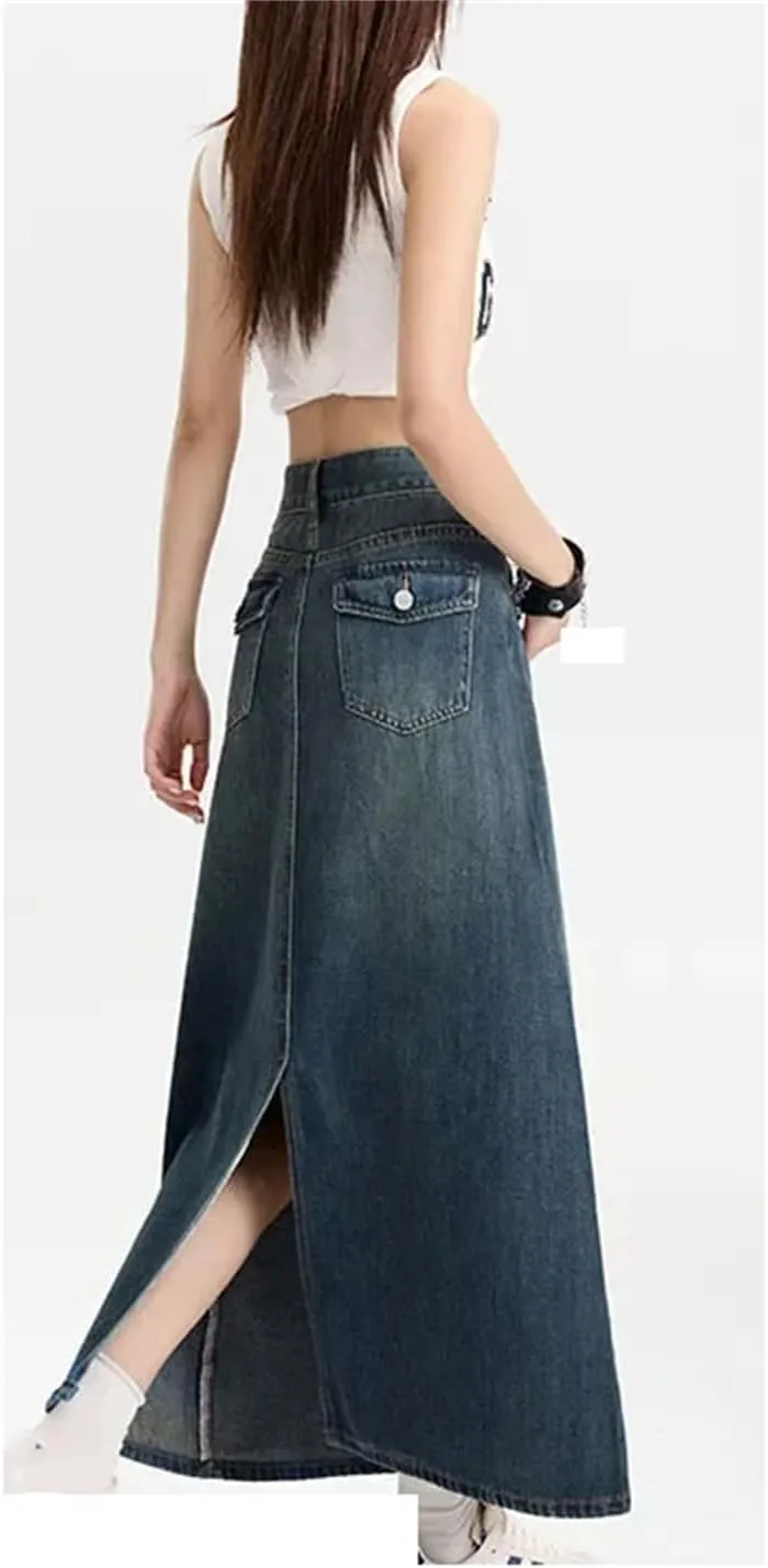 High-Waisted Vintage Denim Skirt Women's Pocket Side Slit Long Dress Slimming Leg-Lengthening