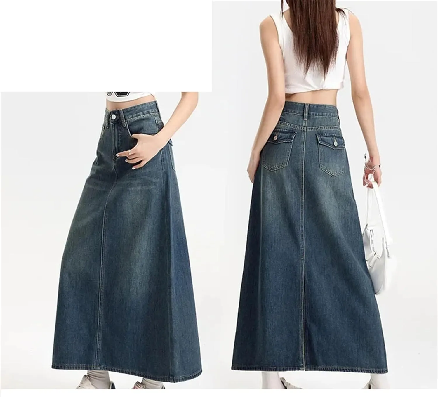 High-Waisted Vintage Denim Skirt Women's Pocket Side Slit Long Dress Slimming Leg-Lengthening