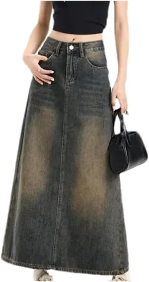 High-Waisted Vintage Denim Skirt Women's Pocket Side Slit Long Dress Slimming Leg-Lengthening