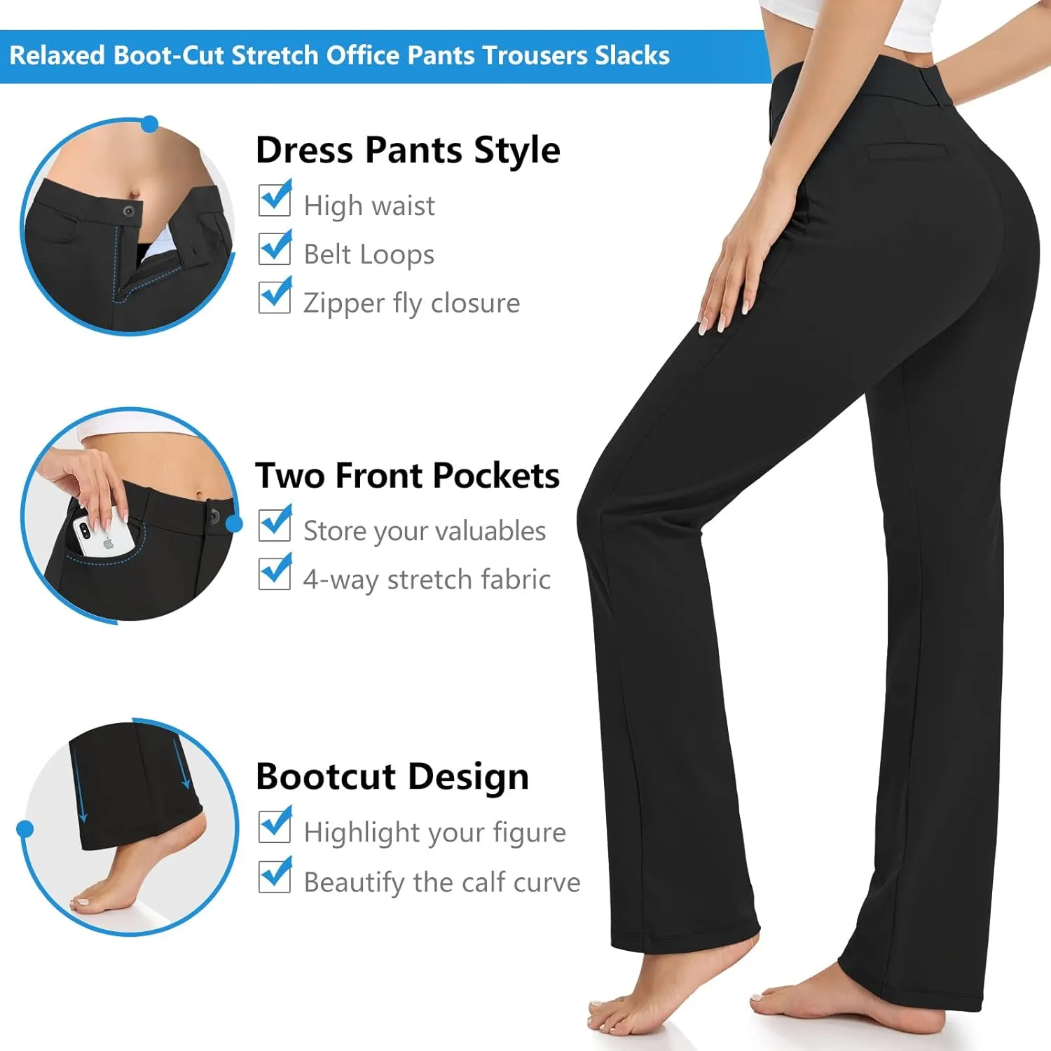 HISKYWIN Women Yoga Dress Pants Stretchy Work Pants Straightleg/Bootcut Office Slacks with Pockets for Business Casual Petite