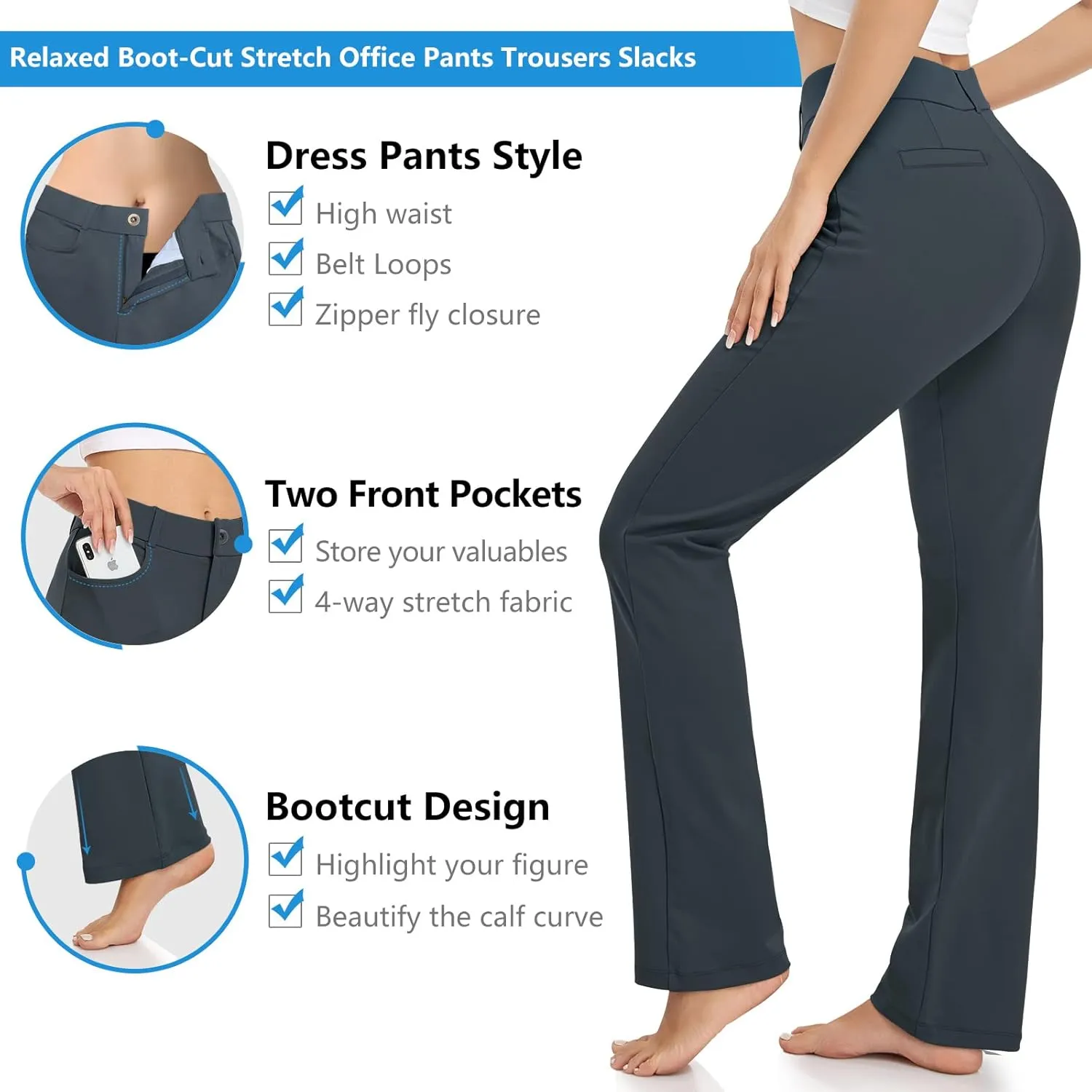 HISKYWIN Women Yoga Dress Pants Stretchy Work Pants Straightleg/Bootcut Office Slacks with Pockets for Business Casual Petite