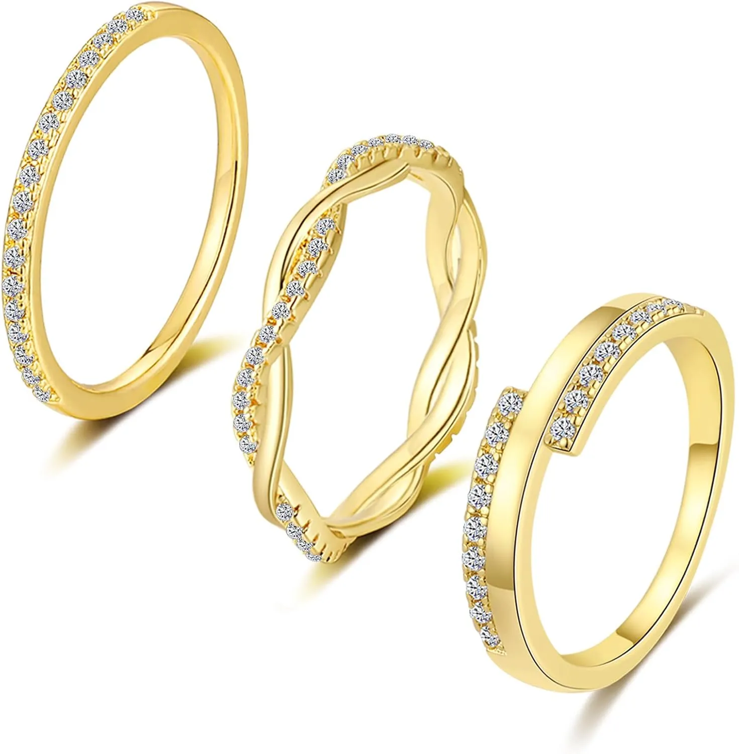 Honsny 3PCS Gold Rings for Women, Silver Stackable Thumb Rings Non Tarnish Thin Cubic Zirconia Dainty Ring Set Eternity Wedding Bands Aesthetic Jewelry Size 5-11