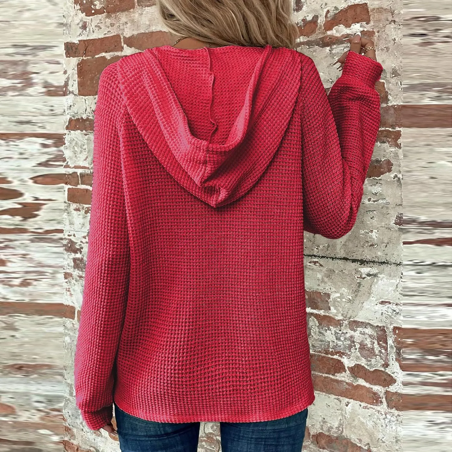 Hoodies for Women Waffle Knit Drawstring Button V Neck Long Sleeve Casual Pullover Sweatshirt Hooded Tops