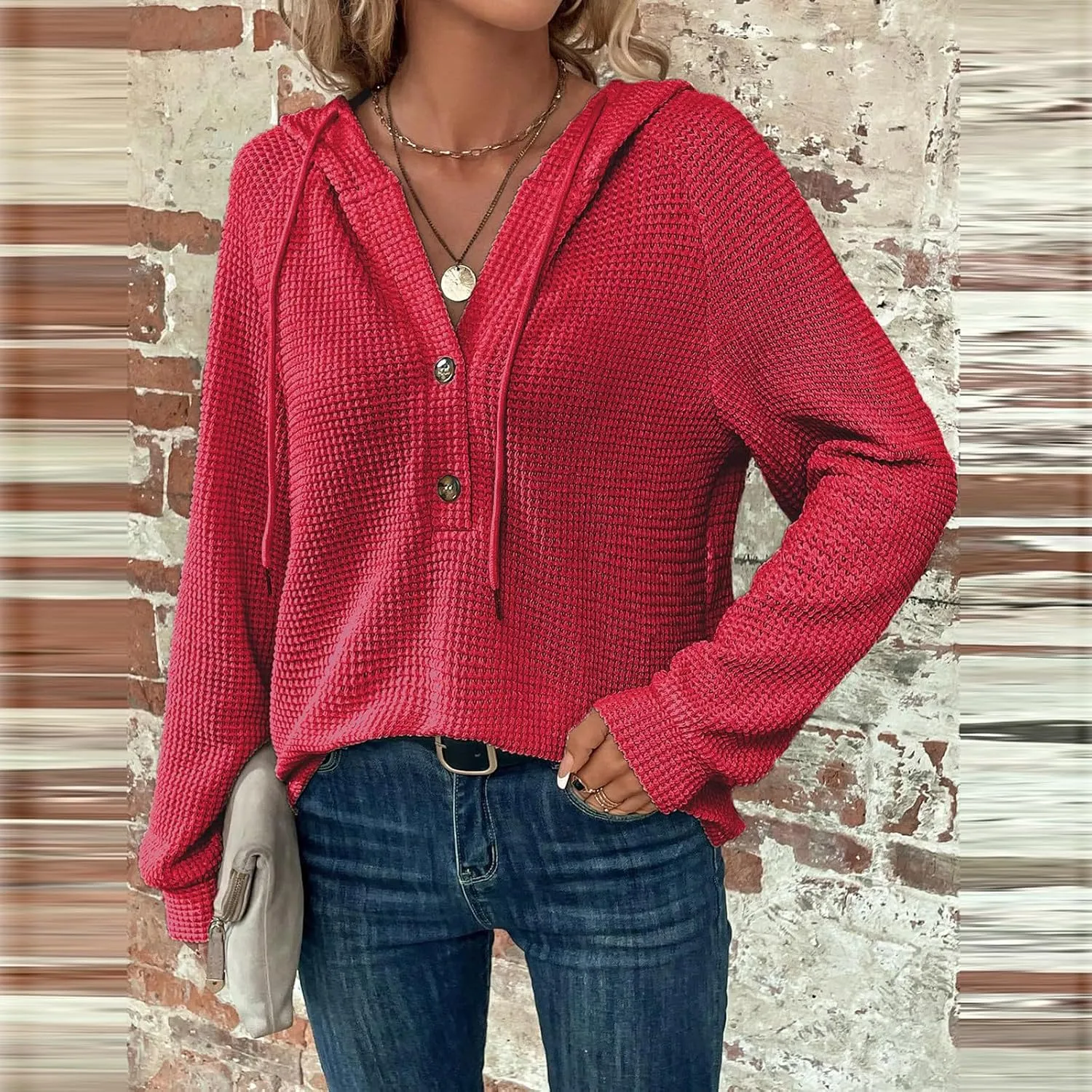 Hoodies for Women Waffle Knit Drawstring Button V Neck Long Sleeve Casual Pullover Sweatshirt Hooded Tops