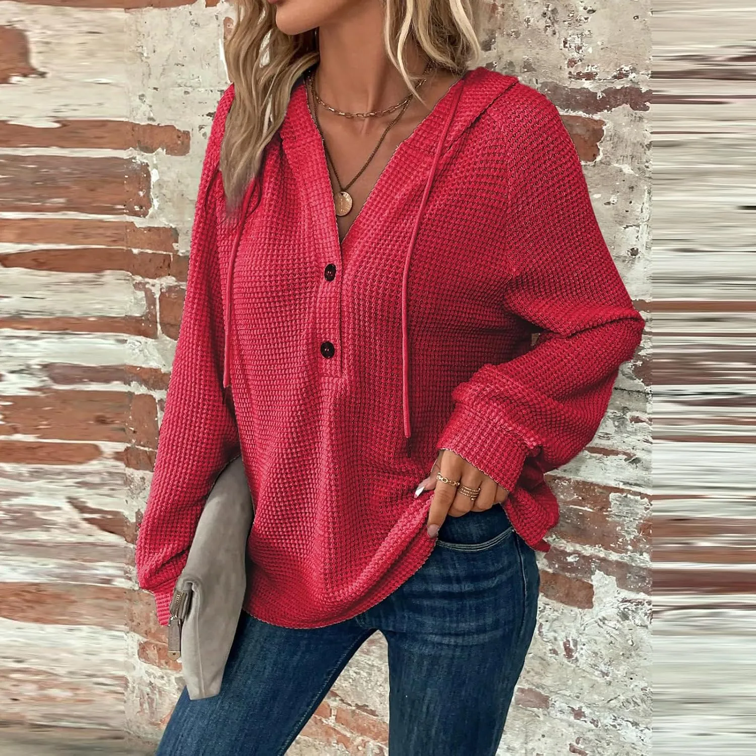 Hoodies for Women Waffle Knit Drawstring Button V Neck Long Sleeve Casual Pullover Sweatshirt Hooded Tops