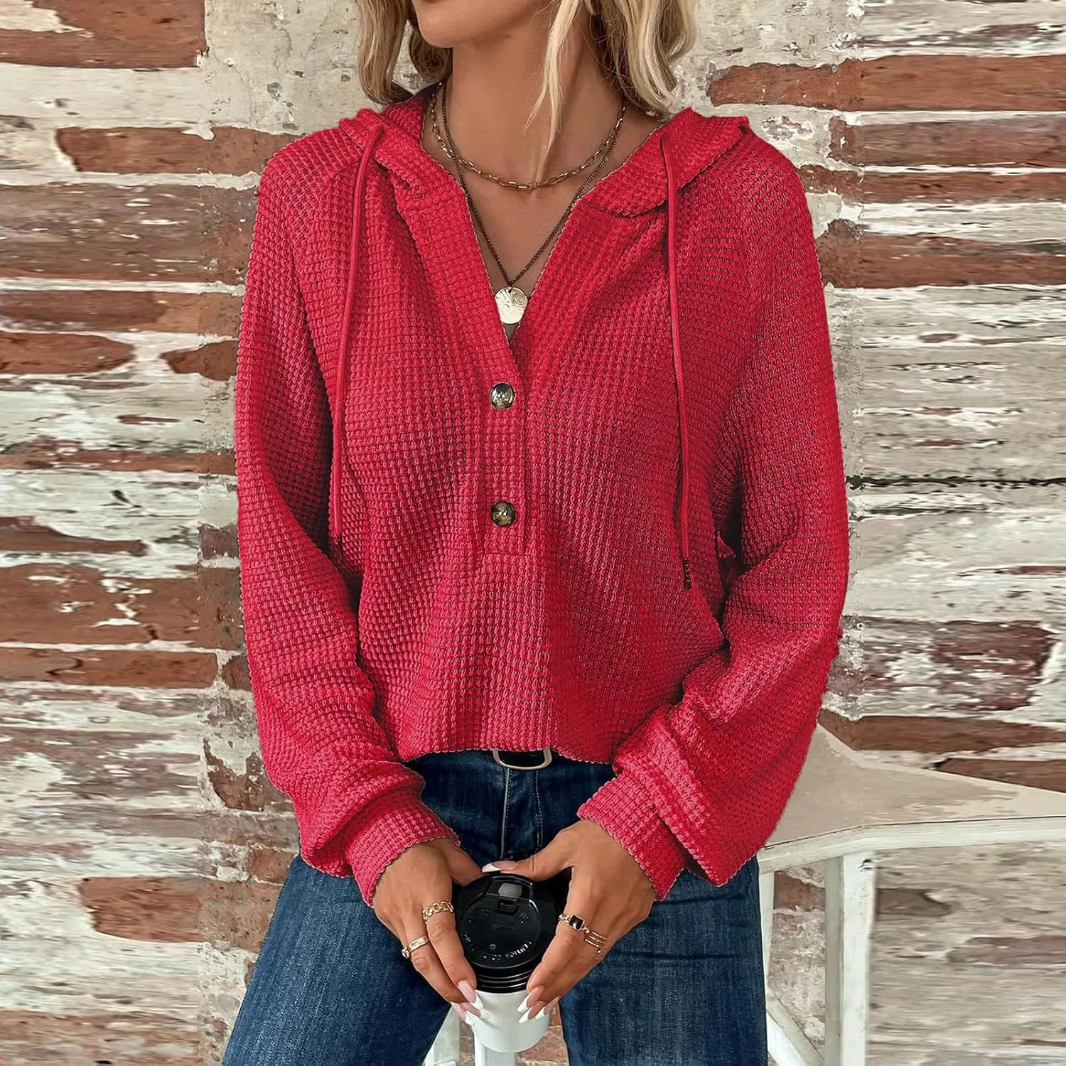 Hoodies for Women Waffle Knit Drawstring Button V Neck Long Sleeve Casual Pullover Sweatshirt Hooded Tops