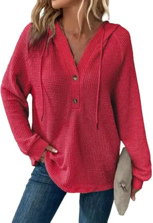 Hoodies for Women Waffle Knit Drawstring Button V Neck Long Sleeve Casual Pullover Sweatshirt Hooded Tops