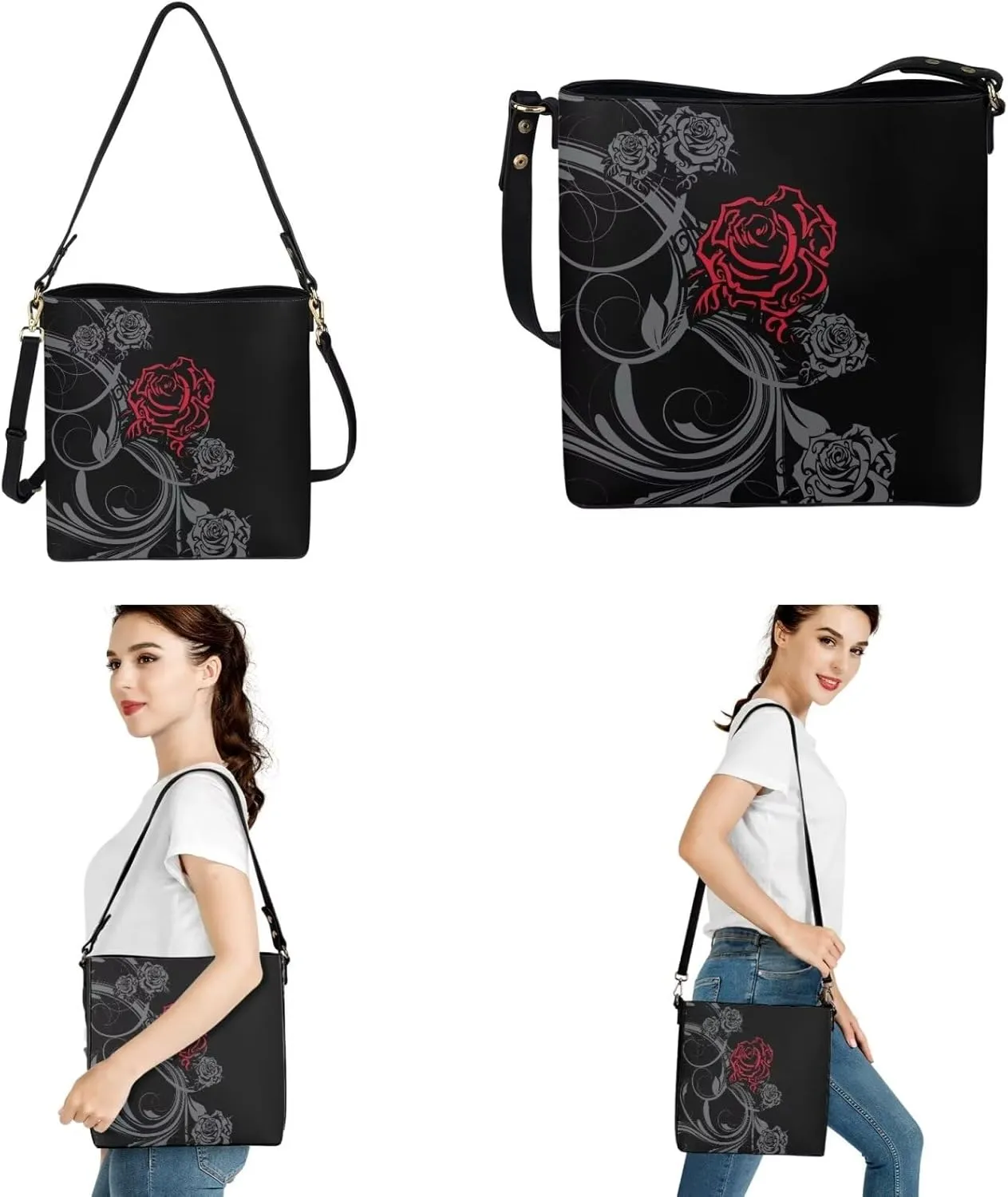 HUGS IDEA Hobo Bag for Women 2 Pack Bucket Bag Portable Car Key Bag Leather Handbag Crossbody Purse