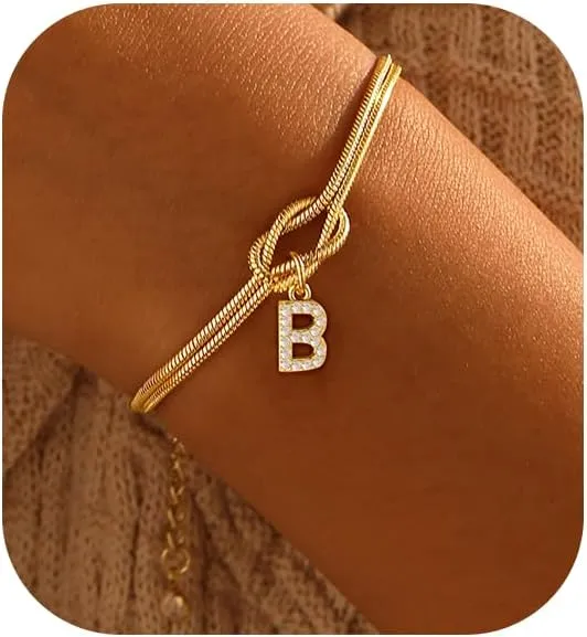 Initial Bracelet for Women Dainty 14k Gold Letter A-Z Bracelets for Women Non Tarnish Cute Thin Waterproof Knot Bracelets with Initials Jewelry Gift