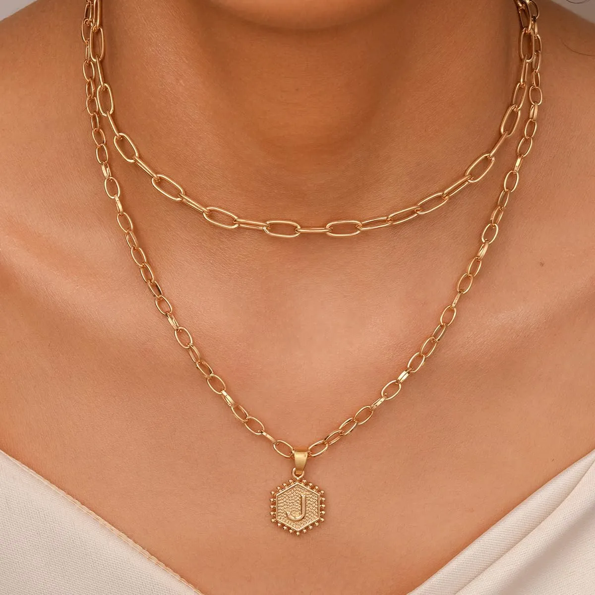 Initial Gold Necklaces for Women Delicate 14K Gold Plated Layered Initial Necklace Cute Hexagonal Alphabet A-Z Pendant Layered Necklace