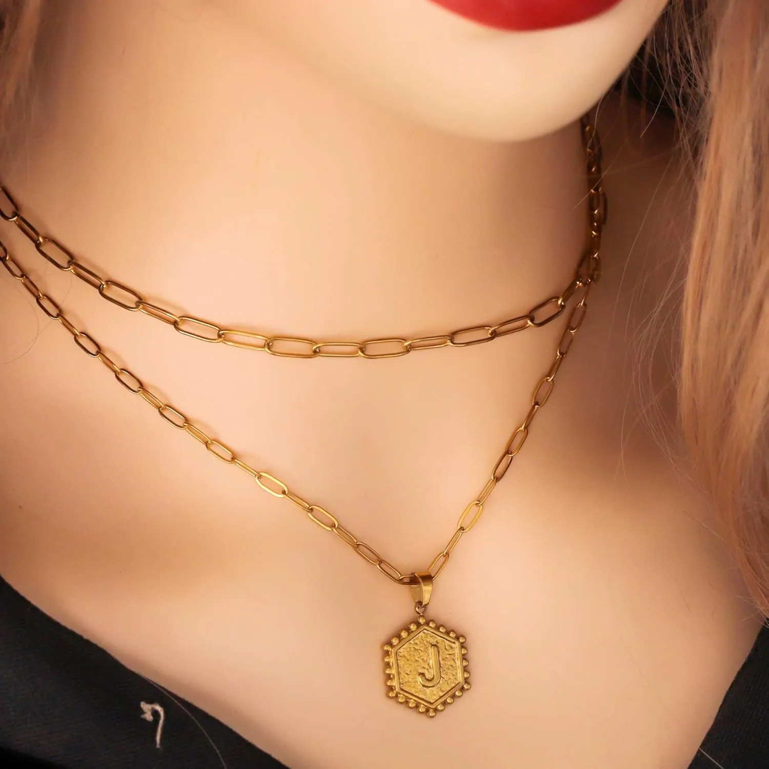 Initial Gold Necklaces for Women Delicate 14K Gold Plated Layered Initial Necklace Cute Hexagonal Alphabet A-Z Pendant Layered Necklace