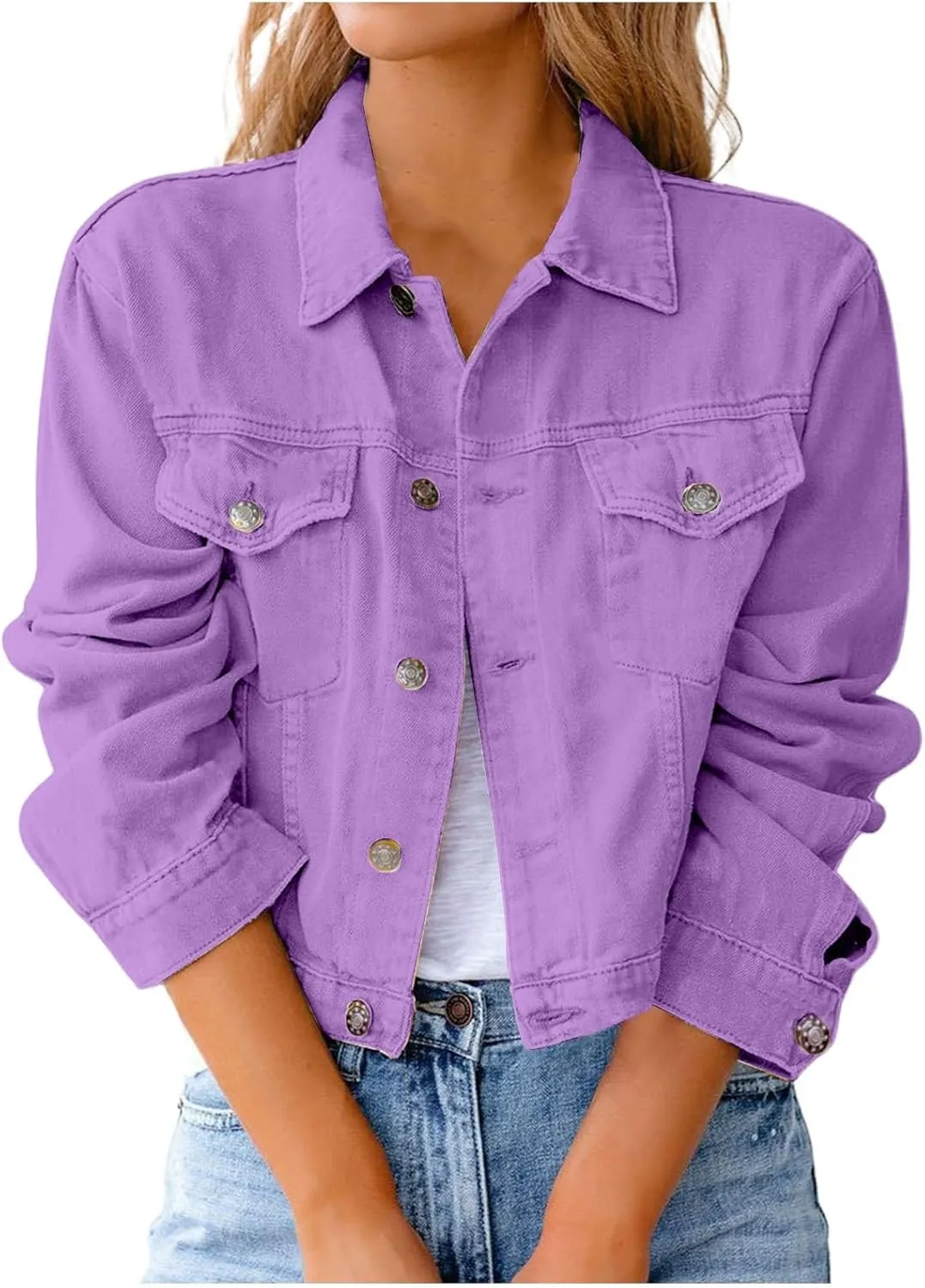Jean Jacket Women Casual Long Sleeve Button Down Lapel Cropped Denim Top Lightweight Candy Color Plus Size Blazer
