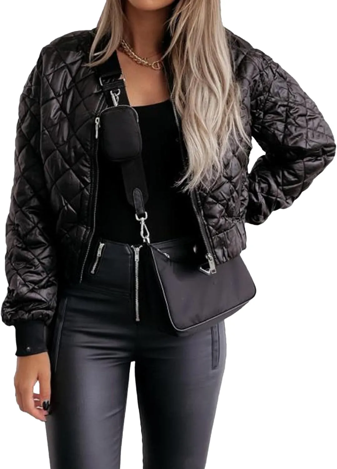 JEsilunmaMY Women's Lightweight Cropped Padded Jacket Diamond Quilted Zip Up Bomber Jacket Solid Cropped Fashion Winter Coats