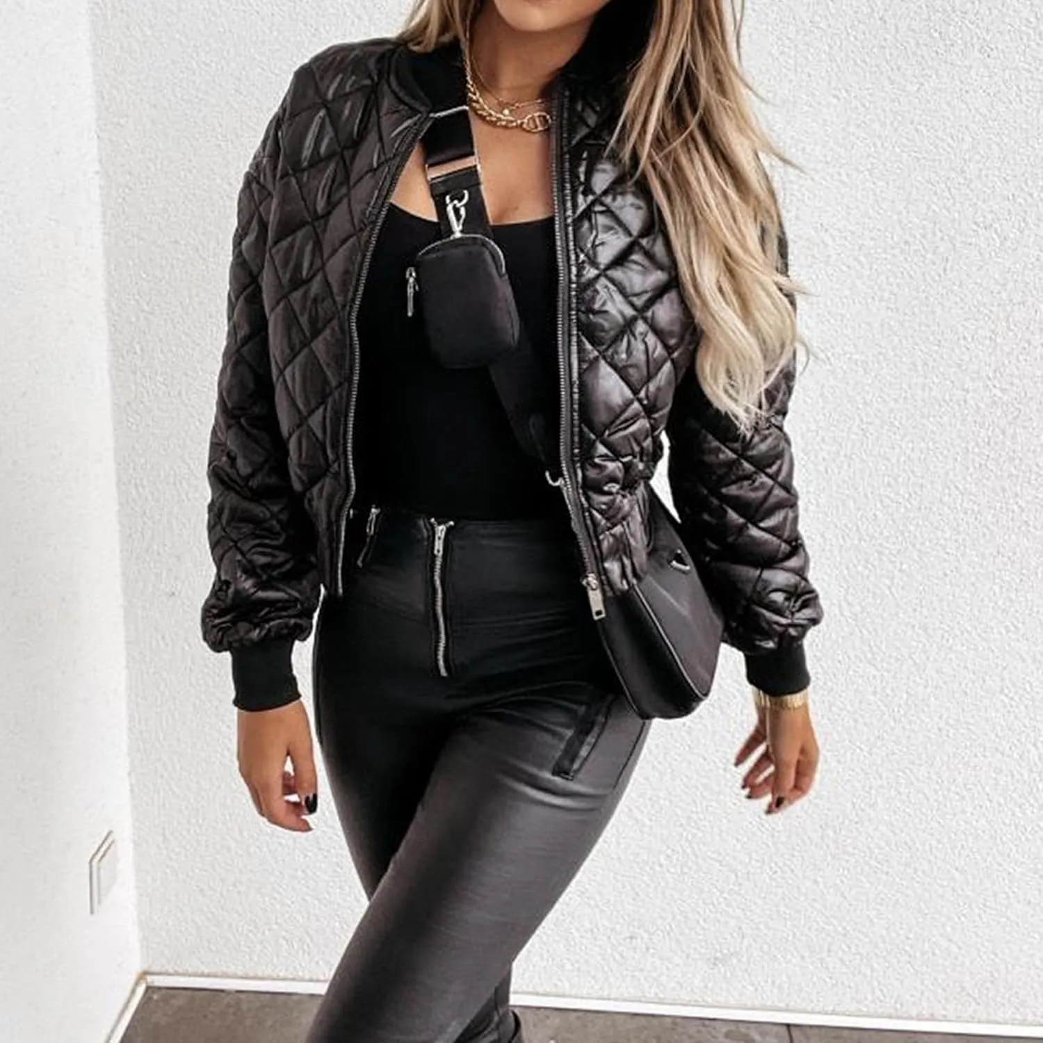 JEsilunmaMY Women's Lightweight Cropped Padded Jacket Diamond Quilted Zip Up Bomber Jacket Solid Cropped Fashion Winter Coats