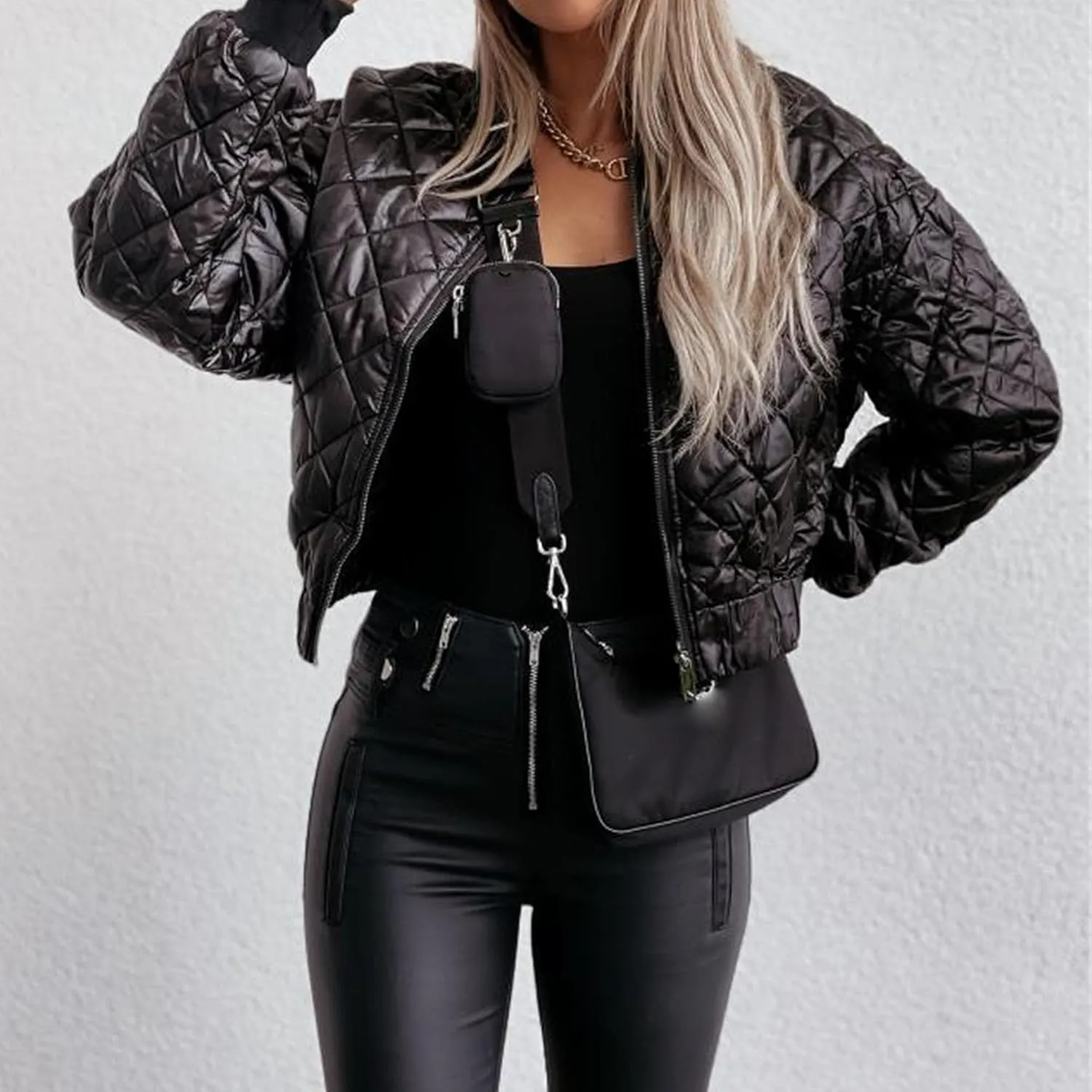 JEsilunmaMY Women's Lightweight Cropped Padded Jacket Diamond Quilted Zip Up Bomber Jacket Solid Cropped Fashion Winter Coats