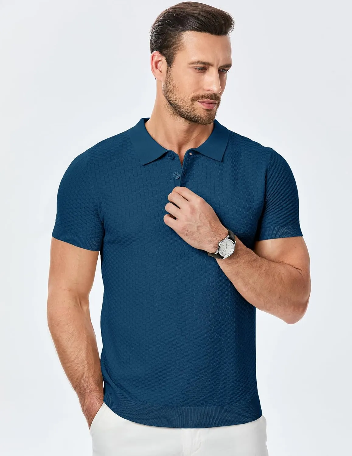 JMIERR Mens Knit Polo Shirts Classic Button Basic Textured T Shirts Casual Slim Fit Short Sleeve Summer Golf Tee Shirt