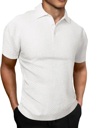 JMIERR Mens Knit Polo Shirts Classic Button Basic Textured T Shirts Casual Slim Fit Short Sleeve Summer Golf Tee Shirt