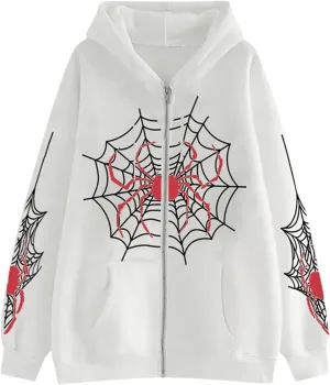 Karwuiio Women's Spider Zip Up Hoodie Y2K Oversized Vintage Graphic Hooded Sweatshirt Goth Grunge Aesthetic Hoodies