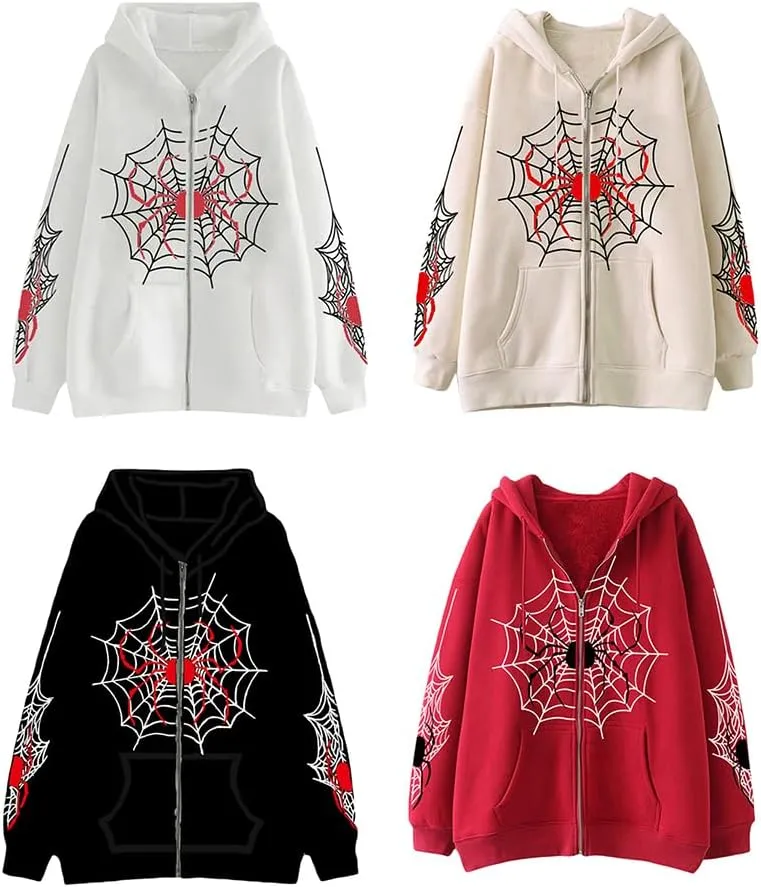 Karwuiio Women's Spider Zip Up Hoodie Y2K Oversized Vintage Graphic Hooded Sweatshirt Goth Grunge Aesthetic Hoodies
