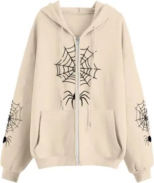 Karwuiio Women's Spider Zip Up Hoodie Y2K Oversized Vintage Graphic Hooded Sweatshirt Goth Grunge Aesthetic Hoodies