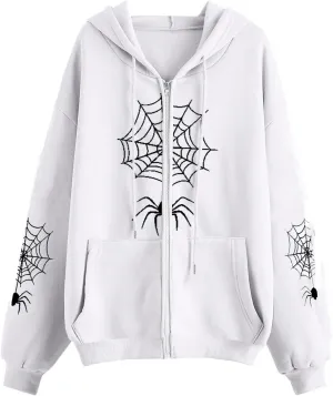 Karwuiio Women's Spider Zip Up Hoodie Y2K Oversized Vintage Graphic Hooded Sweatshirt Goth Grunge Aesthetic Hoodies