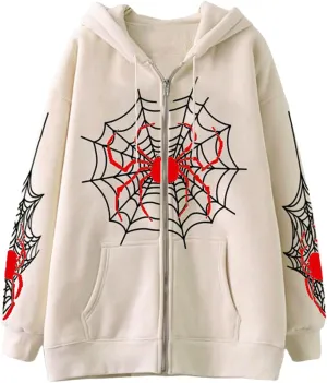 Karwuiio Women's Spider Zip Up Hoodie Y2K Oversized Vintage Graphic Hooded Sweatshirt Goth Grunge Aesthetic Hoodies