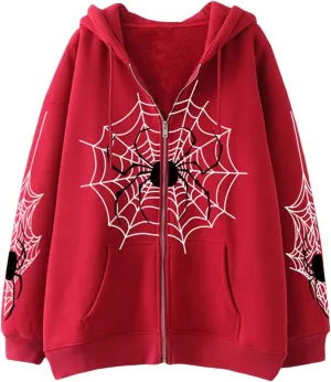 Karwuiio Women's Spider Zip Up Hoodie Y2K Oversized Vintage Graphic Hooded Sweatshirt Goth Grunge Aesthetic Hoodies