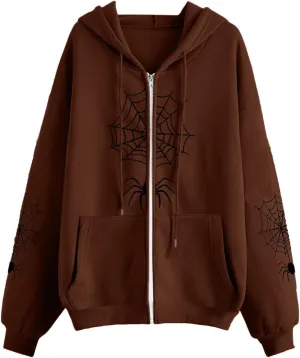 Karwuiio Women's Spider Zip Up Hoodie Y2K Oversized Vintage Graphic Hooded Sweatshirt Goth Grunge Aesthetic Hoodies