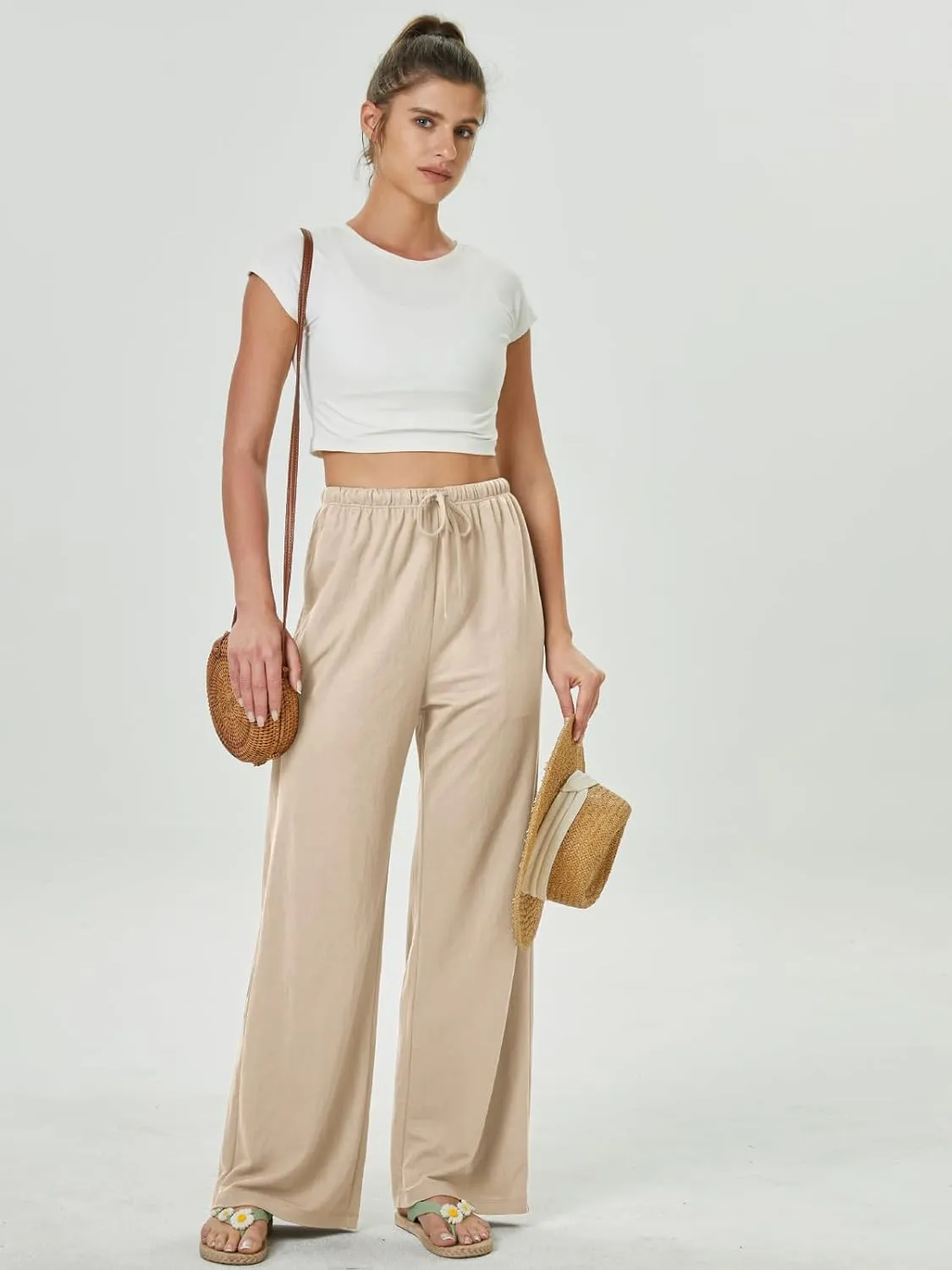 keriffe Summer Outfits Flowy Palazzo Pants for Women 2025 High Waisted Wide Leg Beach Casual Vacation Pants Trousers Pockets