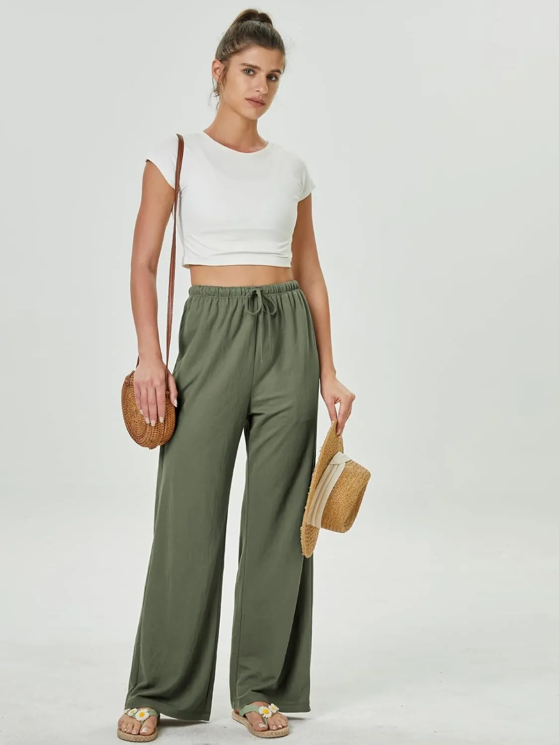 keriffe Summer Outfits Flowy Palazzo Pants for Women 2025 High Waisted Wide Leg Beach Casual Vacation Pants Trousers Pockets