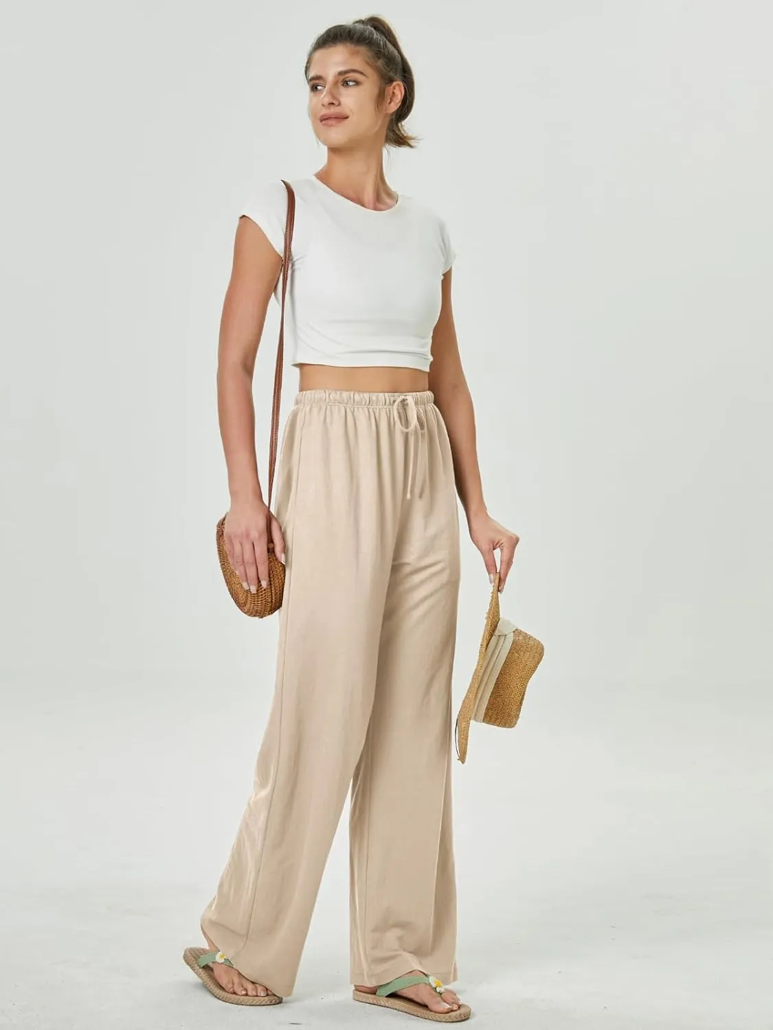keriffe Summer Outfits Flowy Palazzo Pants for Women 2025 High Waisted Wide Leg Beach Casual Vacation Pants Trousers Pockets