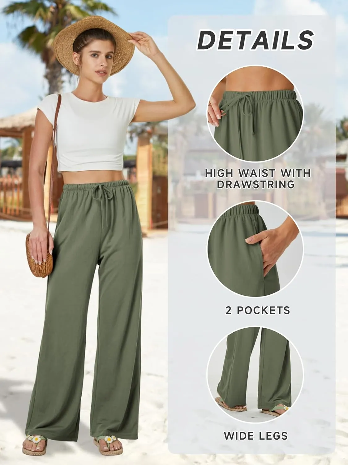 keriffe Summer Outfits Flowy Palazzo Pants for Women 2025 High Waisted Wide Leg Beach Casual Vacation Pants Trousers Pockets