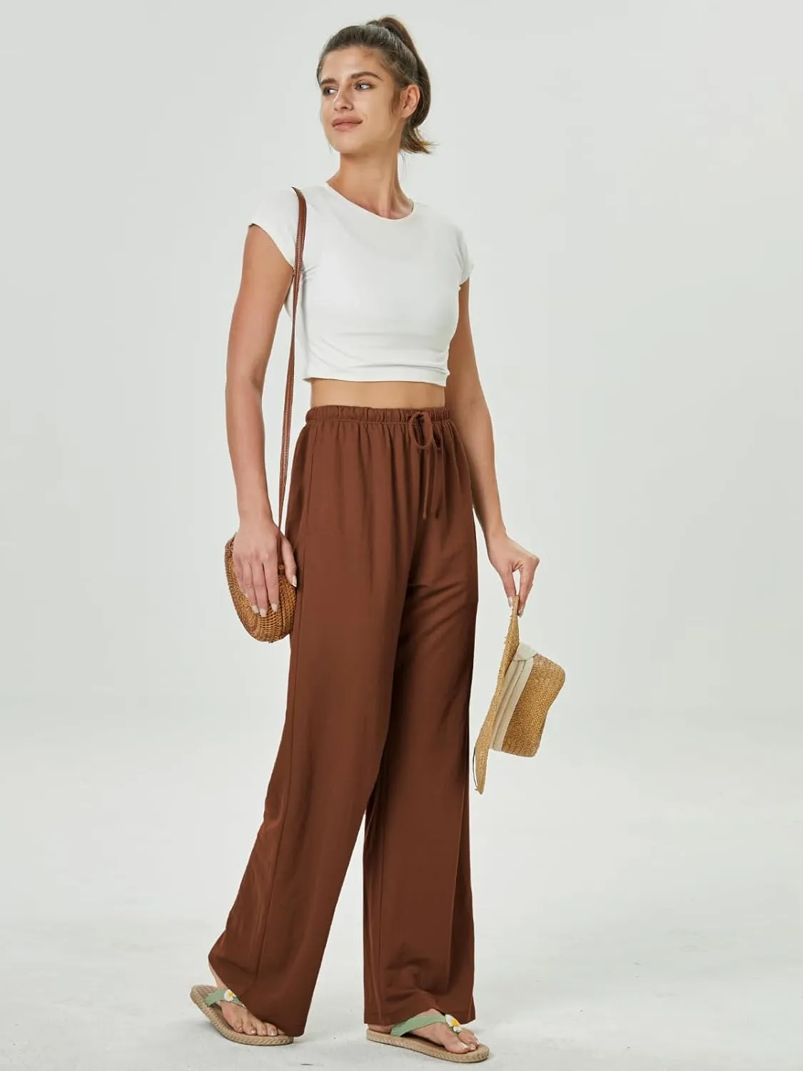 keriffe Summer Outfits Flowy Palazzo Pants for Women 2025 High Waisted Wide Leg Beach Casual Vacation Pants Trousers Pockets