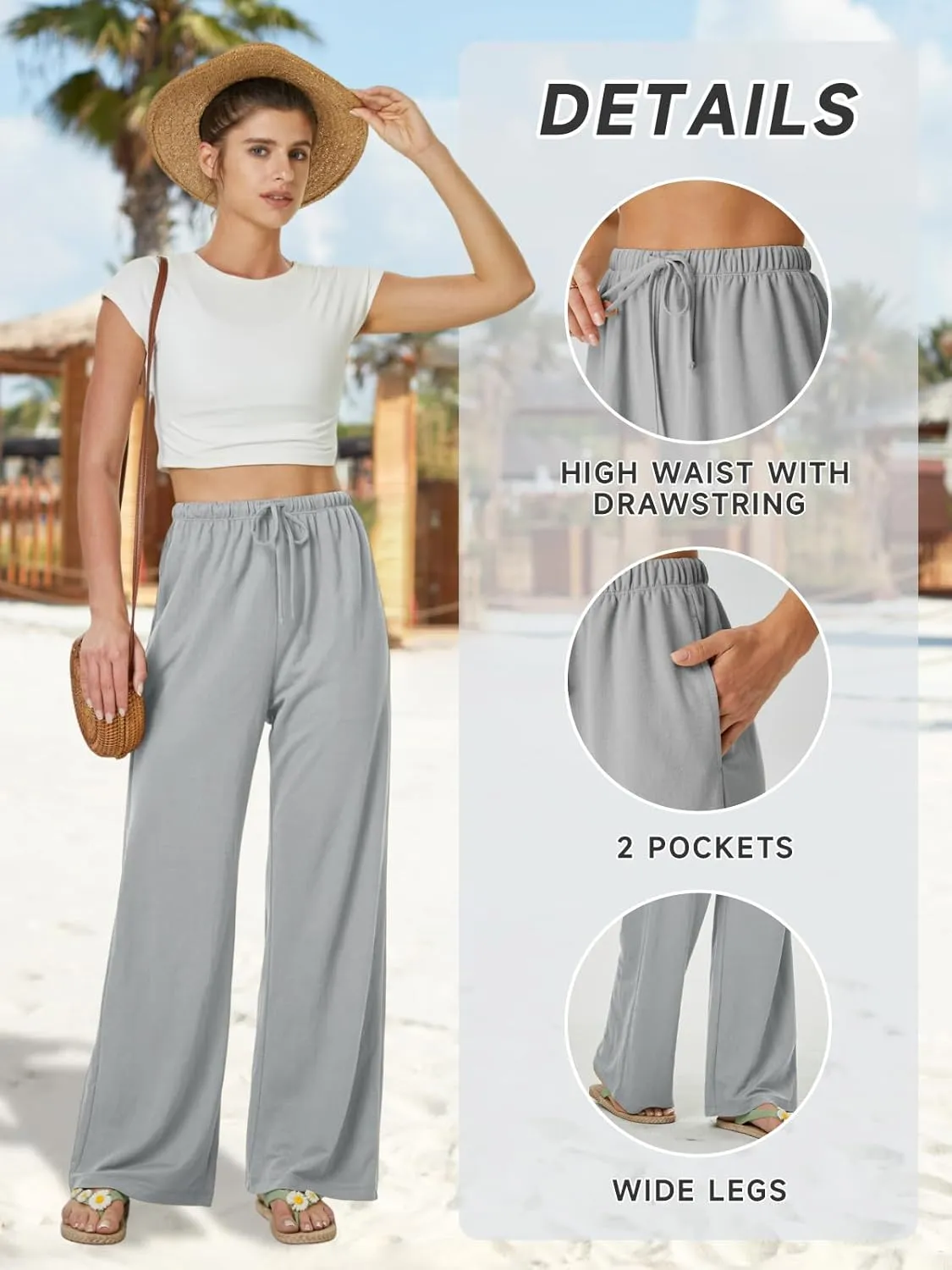 keriffe Summer Outfits Flowy Palazzo Pants for Women 2025 High Waisted Wide Leg Beach Casual Vacation Pants Trousers Pockets