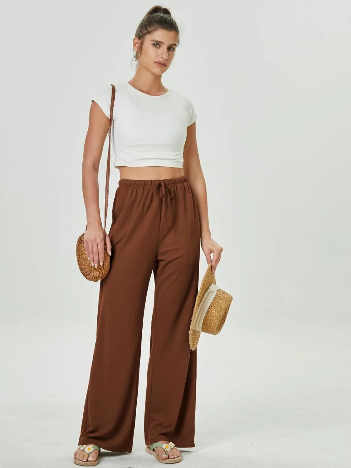 keriffe Summer Outfits Flowy Palazzo Pants for Women 2025 High Waisted Wide Leg Beach Casual Vacation Pants Trousers Pockets