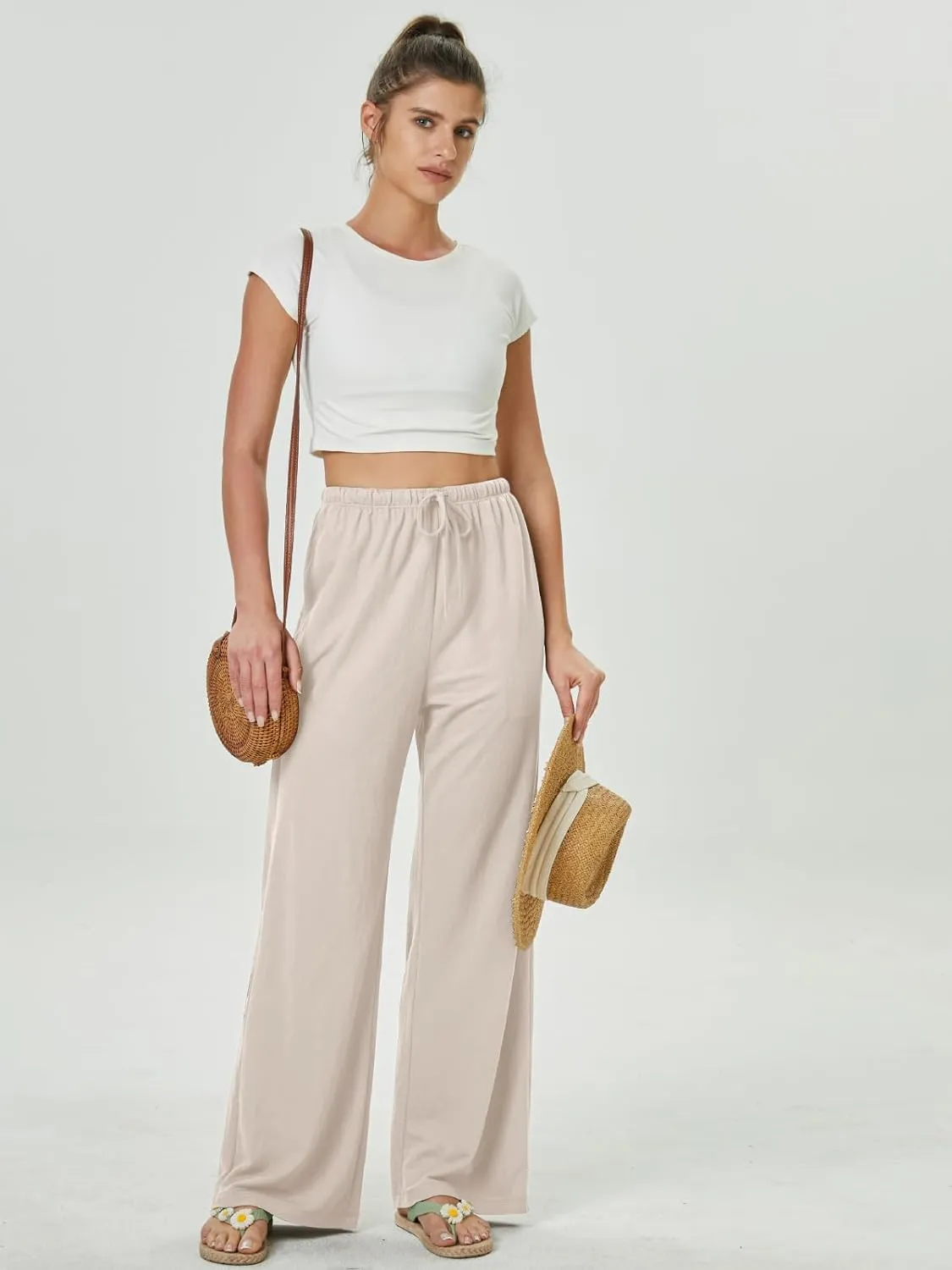 keriffe Summer Outfits Flowy Palazzo Pants for Women 2025 High Waisted Wide Leg Beach Casual Vacation Pants Trousers Pockets