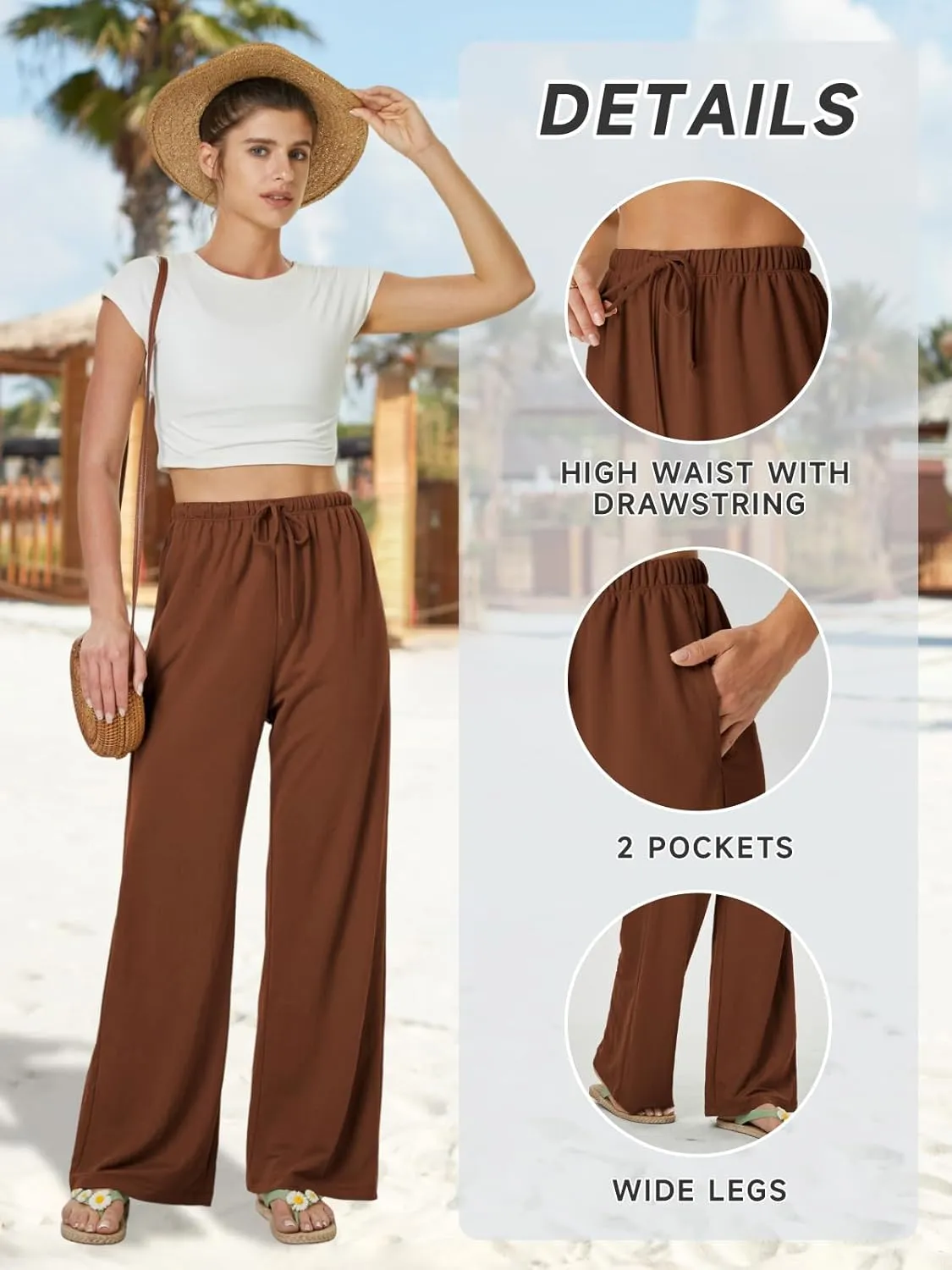 keriffe Summer Outfits Flowy Palazzo Pants for Women 2025 High Waisted Wide Leg Beach Casual Vacation Pants Trousers Pockets