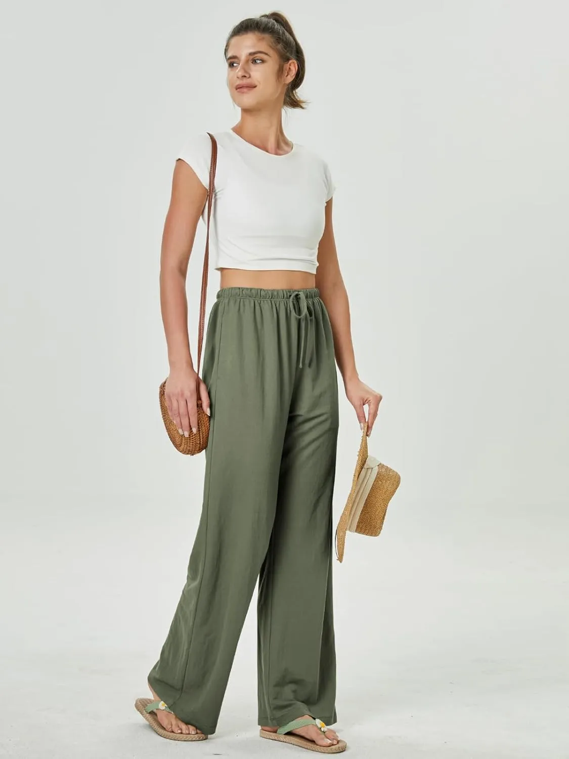 keriffe Summer Outfits Flowy Palazzo Pants for Women 2025 High Waisted Wide Leg Beach Casual Vacation Pants Trousers Pockets