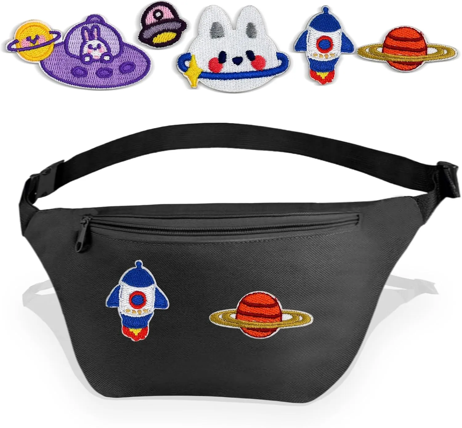Kids Fanny Pack with DIY Stickers, 10.6 x 5.5 x 3.5 inches, Black Crossbody Waist Bag, Adjustable Strap