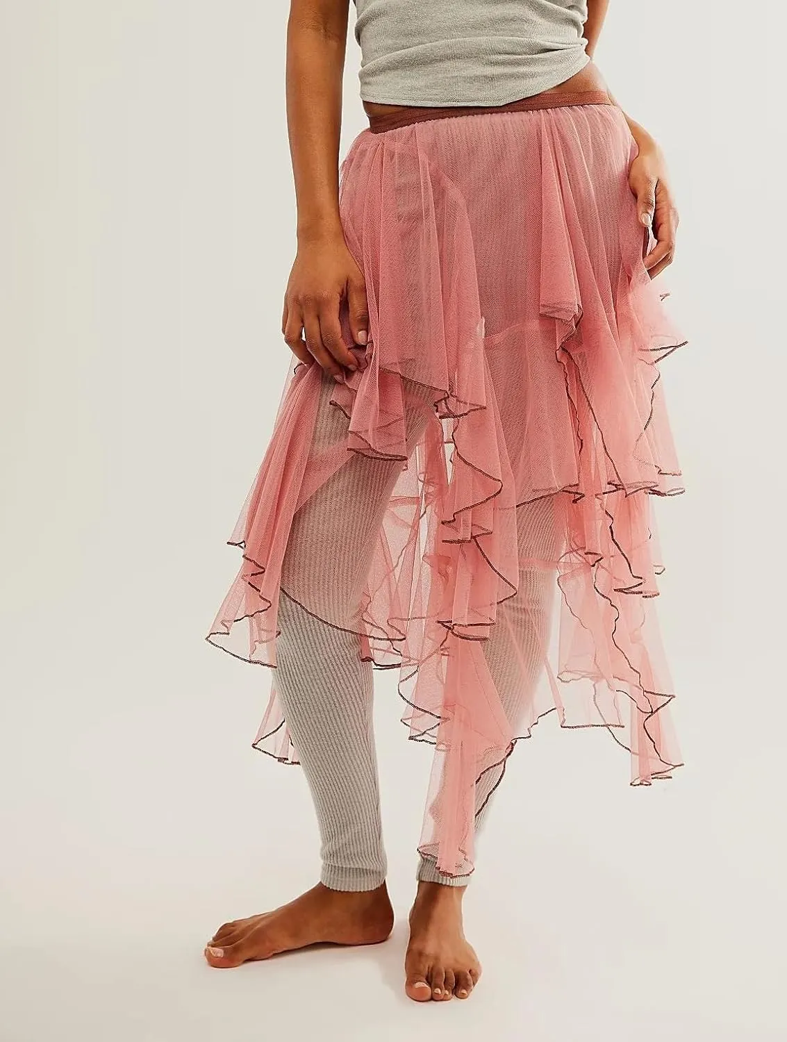 KMBANGI Womens Mesh Lace Long Skirt Asymmetrical Layered Ruffle Maxi Skirts Flowy Y2k See Through Midi Skirt Summer