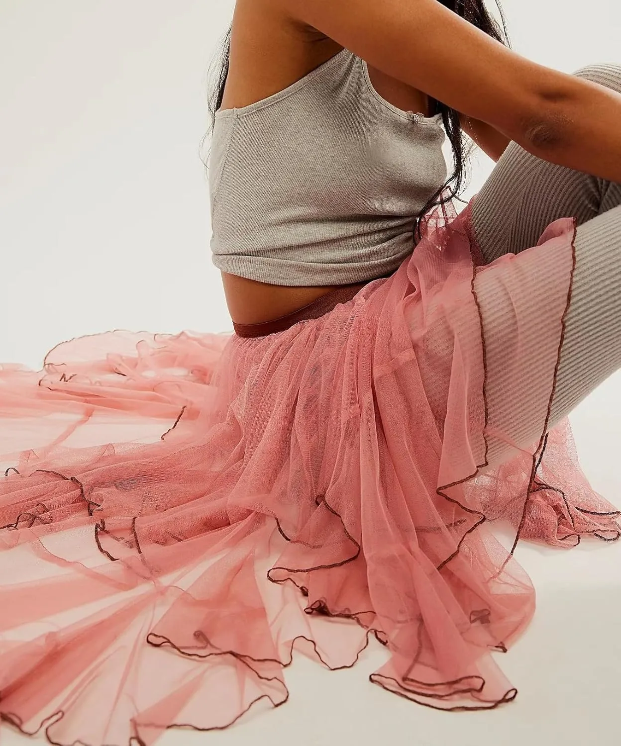 KMBANGI Womens Mesh Lace Long Skirt Asymmetrical Layered Ruffle Maxi Skirts Flowy Y2k See Through Midi Skirt Summer