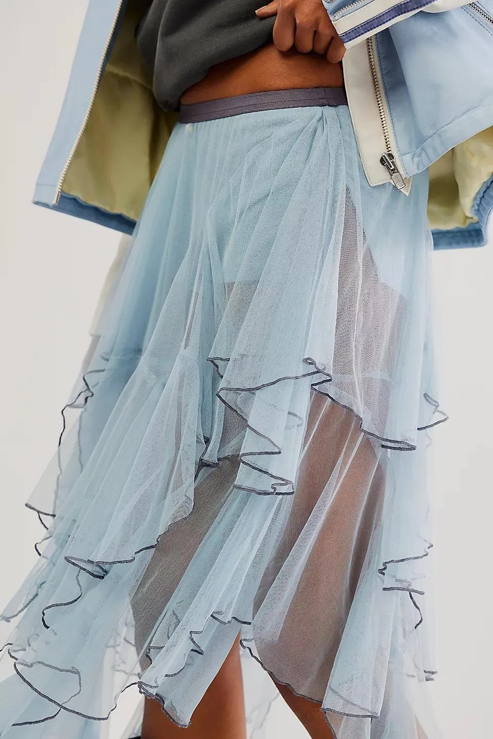 KMBANGI Womens Mesh Lace Long Skirt Asymmetrical Layered Ruffle Maxi Skirts Flowy Y2k See Through Midi Skirt Summer
