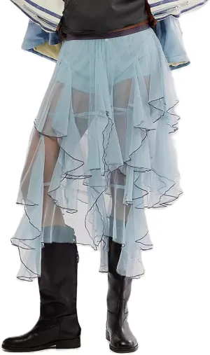 KMBANGI Womens Mesh Lace Long Skirt Asymmetrical Layered Ruffle Maxi Skirts Flowy Y2k See Through Midi Skirt Summer